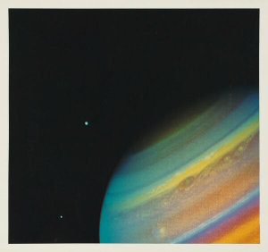 NASA/JPL Voyager 2 spacecraft - False color view of Saturn’s atmosphere and satellites, taken 9.1 million miles from Earth, August 11, 1981