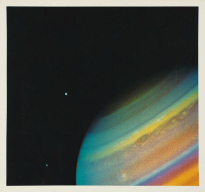 NASA/JPL Voyager 2 spacecraft - False color view of Saturn’s atmosphere and satellites, taken 9.1 million miles from Earth, August 11, 1981